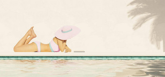 拍摄水游泳池高加索人女孩阅读书