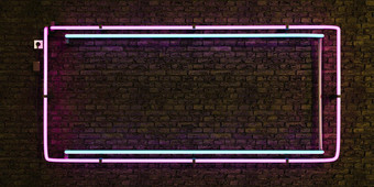 粉红色的蓝色的现实的霓虹灯灯空框架砖墙