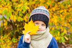 秋天情绪男孩提出了背景黄色的叶子秋天肖像孩子针织他视线可爱的微笑男孩