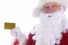 特写镜头圣诞老人老人持有个人诺斯波兰黄金信贷卡孤立的白色
