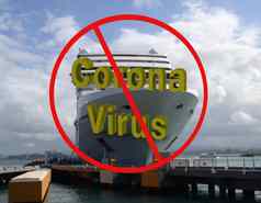 巡航船码头国际标志单词冠状病毒全球流感大流行概念