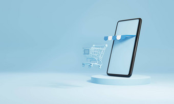 智能手机购物车空白空屏幕蓝色的阶段背景在线购物交付业务电子商务商店社会媒体应用程序概念插图呈现