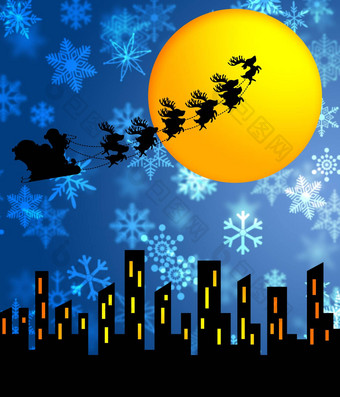 圣诞老人雪橇驯鹿飞行城市
