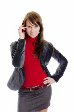 业务女人会说话的移动电话孤立的白色