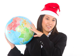 亚洲女商人圣诞老人他全球
