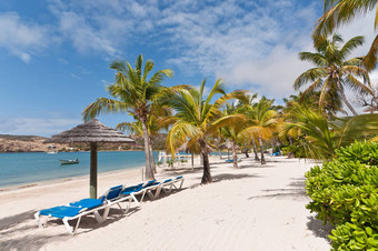 阳光明媚的加勒比海滩躺椅雨伞