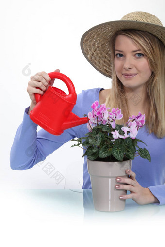 女人浇水植物