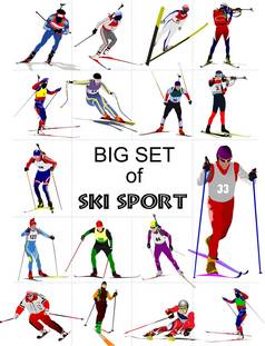 大集滑雪体育运动彩色的轮廓向量插图