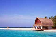 景观照片海滩房子Maldive海洋蓝色的天空