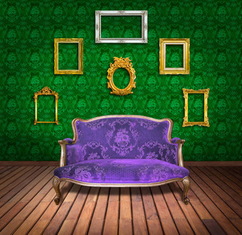古董奢侈品扶手椅框架绿色壁纸房间