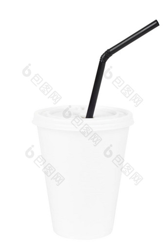 白色纸杯黑色的喝稻草孤立的白色背景