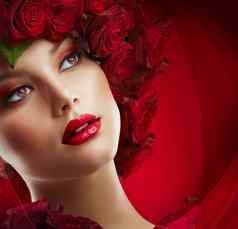 美丽的时尚女孩红色的化妆玫瑰发型