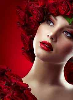 美丽的时尚女孩红色的化妆玫瑰发型