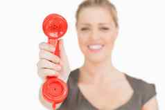 复古的红色的电话手女人