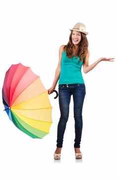 年轻的女人色彩鲜艳的伞