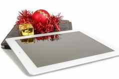 礼物白色平板电脑圣诞节球盒子红色的链