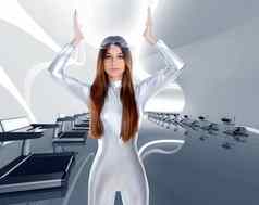 宇航员未来主义的银女人现代健身房