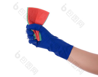 手橡胶手套持有色彩斑斓的海绵