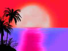 迈阿密风格红色的黄昏日落日出树轮廓生病了