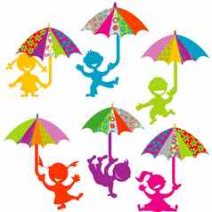 背景孩子们玩彩色的雨伞