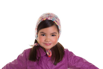 亚洲孩子孩子女孩冬天肖像<strong>紫色</strong>的<strong>外套</strong>羊毛帽