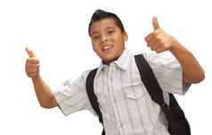 快乐年轻的拉美裔学校男孩拇指白色