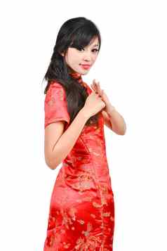 漂亮的女孩旗袍祝快乐中国人一年