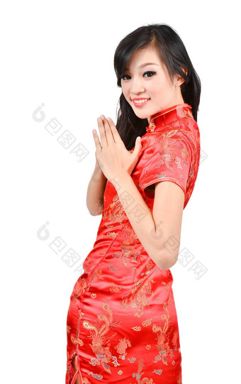 漂亮的<strong>女孩旗袍</strong>祝快乐中国人一年