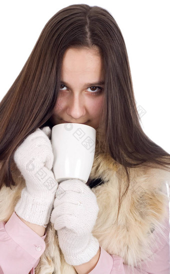 女人冬天衣服白色手套喝茶温暖