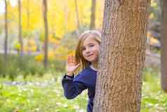 秋天森林孩子女孩问候手树树干