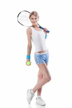 微笑女人网球网拍孤立的白色
