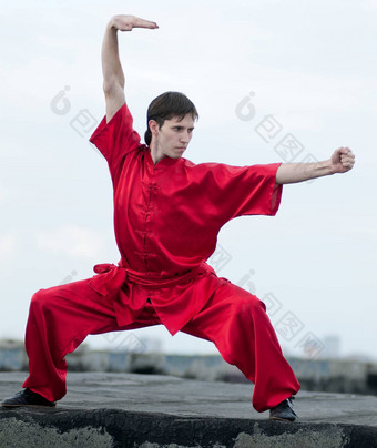 wushoo男人。红色的实践武术艺术