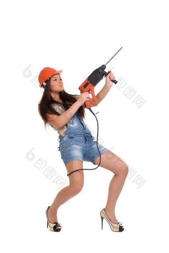 年轻的女人橙色头盔持有锤<strong>钻</strong>