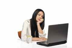 无聊业务女人工作移动PC无聊的电脑孤立的白色背景