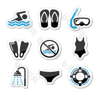 游泳潜水潜水体育运动向量图标集
