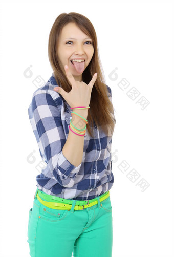 十几岁的女孩显示舌头使手角mint-colored裤子格子衬衫相同的腰带免费颜色