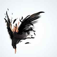 女人浮动黑暗翅膀