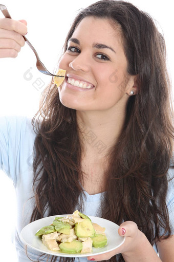 模型发布年轻的女人吃鸡鳄梨沙拉