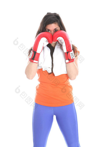 模型发布年轻的女人穿拳击手套