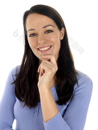 快乐微笑年轻的女人思考模型发布
