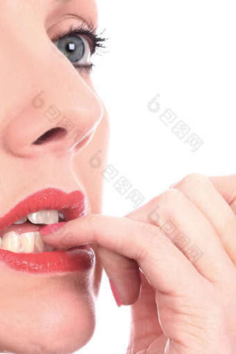 紧张年轻的女人咬指甲模型发布