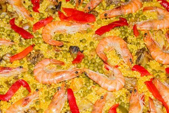 细节传统的西班牙语西班牙海鲜饭煮熟的锅