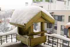 木小房子小鸟丰富的雪屋顶