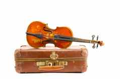 岁的手提箱古董小提琴孤立的白色