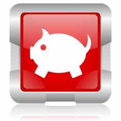 小猪银行红色的广场网络光滑的图标