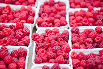 新鲜的美味的粉红色的树莓特写镜头宏市场户外