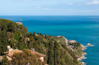 美丽的海岸西西里视图陶尔米纳著名的<strong>旅游度假</strong>胜地奢侈品小镇西西里海岸线西西里意大利