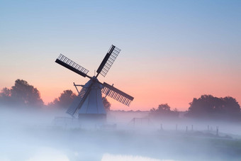迷人的荷兰风车早....雾