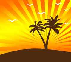 热带日落背景棕榈树