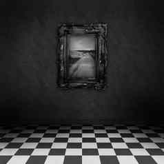 空黑暗房间黑色的白色检查程序地板上绘画墙